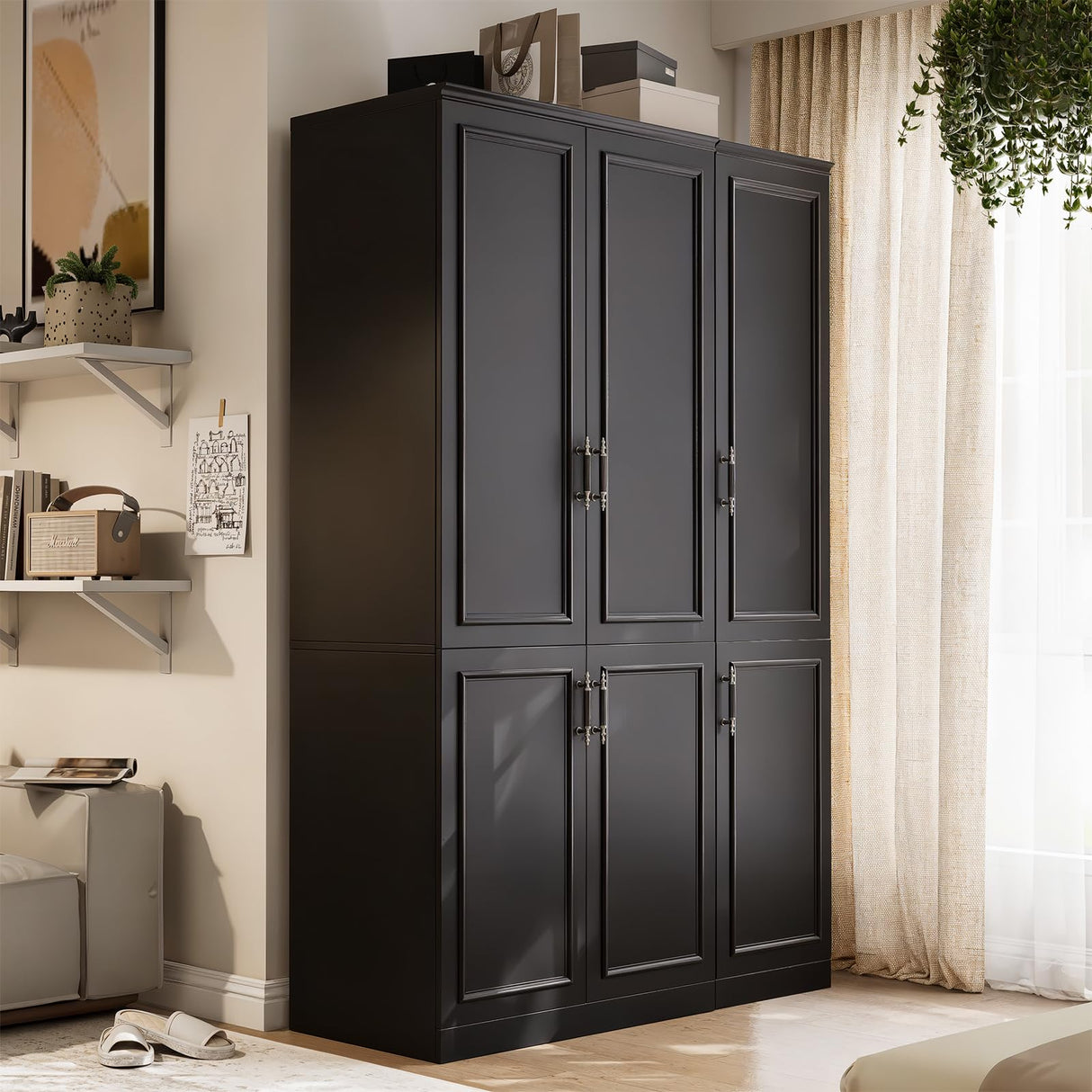 MEISSALIVVE Armoire Wardrobe Closet with 6 Door, 74.8" Large Wardrobe Cabinet with Hanging Rod, Freestanding Modern Bedroom Armoire Storage Cabinet, Black MEISSALIVVE
