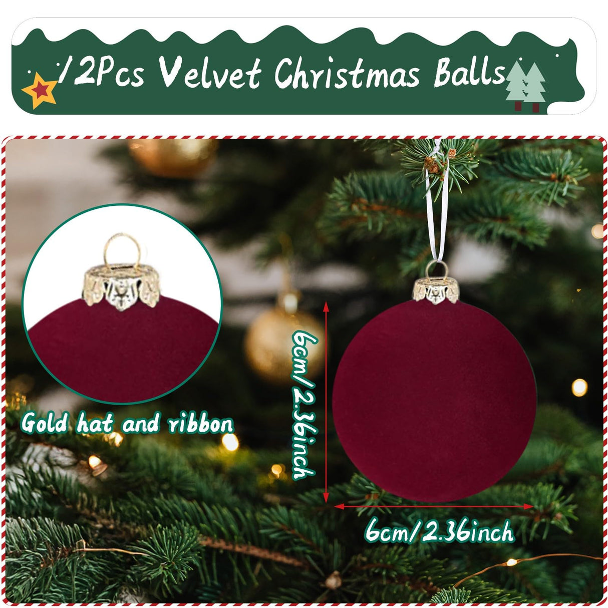 12pcs Christmas Tree Hanging Ball Decoration 2.4Inch Velvet Christmas Ornaments Balls Flocked Shatterproof Plastic Xmas Tree Ball for Party Holiday Wedding Home Decor (1, Burgundy, 12PCS) Maritown