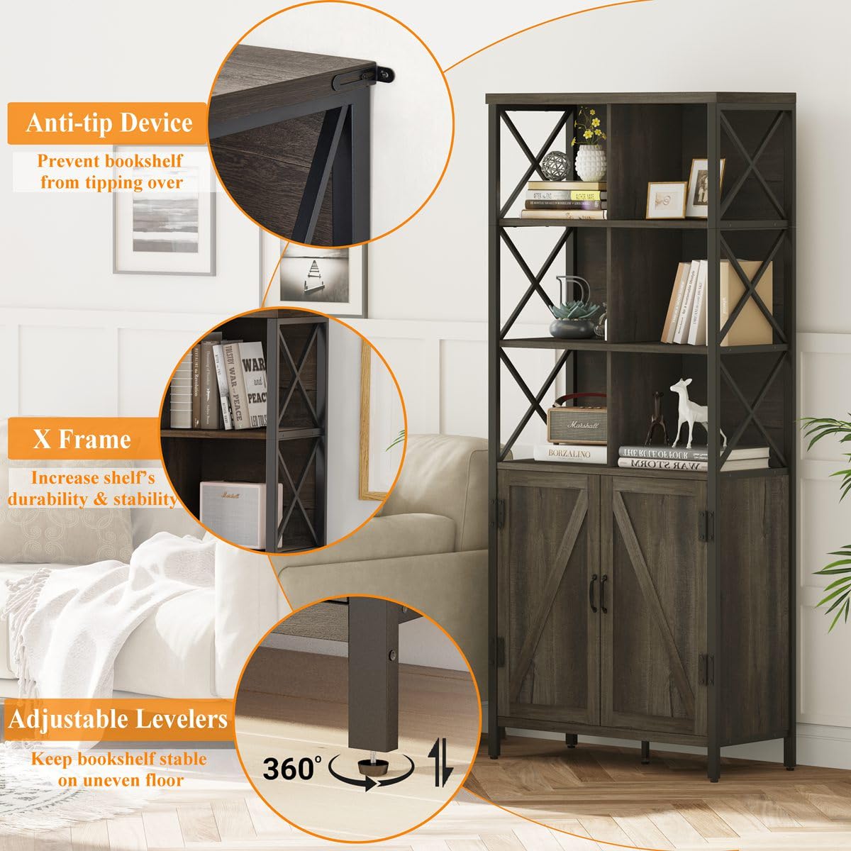 FATORRI Rustic Wood Bookshelf with Doors and Cabinet – Industrial Tall Bookcase in Walnut Brown FATORRI