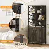 FATORRI Rustic Wood Bookshelf with Doors and Cabinet – Industrial Tall Bookcase in Walnut Brown FATORRI