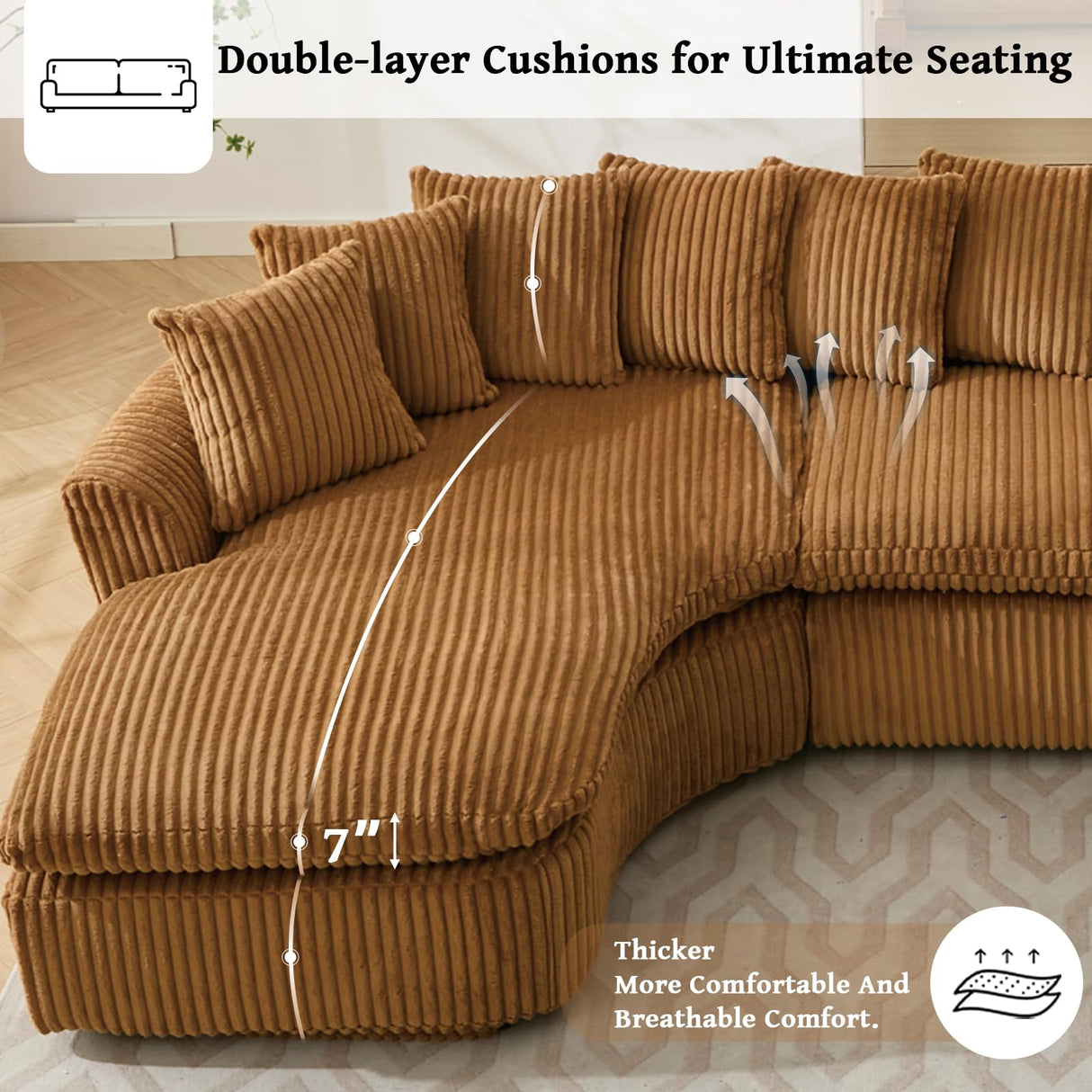 129'' Modern Sectional Sofa,4-5 Seater Upholstered Couches with 10 Cushions,High Density Sponges Cloud Couch, L-Shape Left Sofa,Corduroy Sponge Sofa for Living Room,No Assembly Required(Brown) Firscook