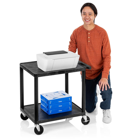 Line Leader Plastic AV Cart with Keyboard Tray and Locking Metal Cabinet, Heavy Duty Mobile Workstation with 4 Rolling Casters, 2 Locking Brakes, Heavy Duty, Holds up to 75 lbs (42 Inch w Cabinet) Stand Steady