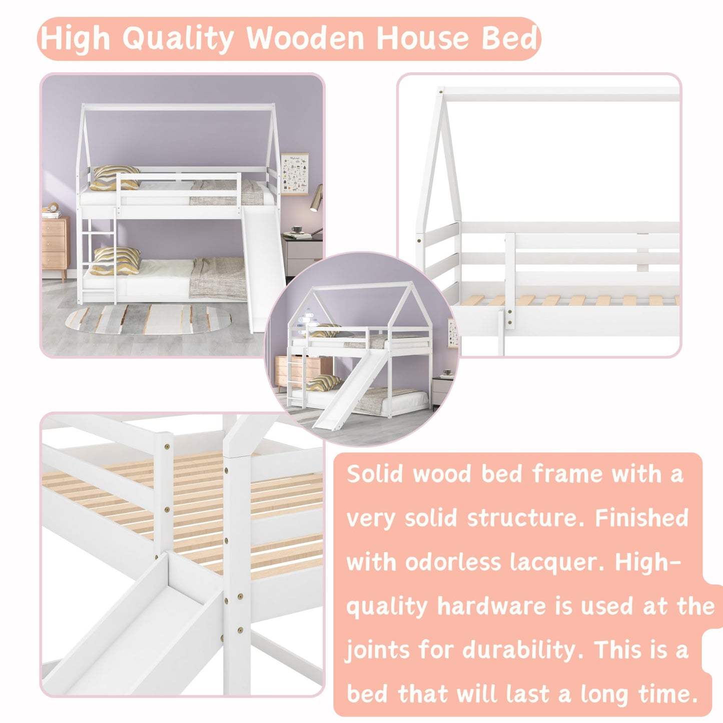 Harper & Bright Designs Twin Bunk Beds for Kids,Wood House Bunk Bed Twin Over Twin,Kids Bunk Bed with Slide and Roof for Girls Boys,White