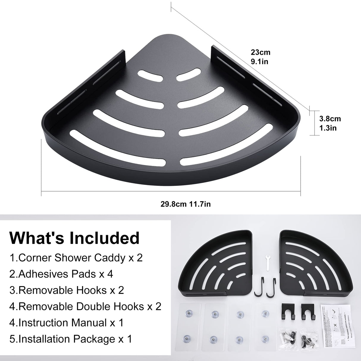 DUFU Adhesive Corner Shower Caddy with Hooks,Bathroom Shower Organizer, No Drilling Rust Proof Aluminum Shower Shelf for Inside Shower 2 Pack (Black) DUFU