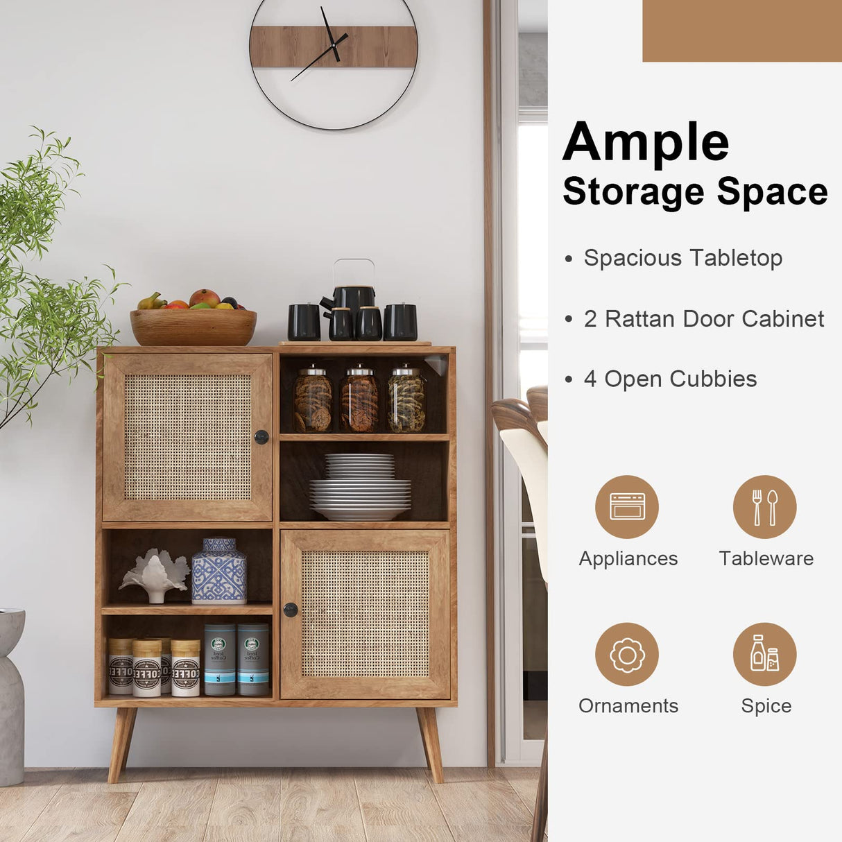 Giantex Buffet Cabinet, Wood Sideboard Storage Cabinet, 2 Rattan Doors & 2 Cubes, Farmhouse Coffee Bar Accent Cabinet, Freestanding Cupboard Organizer for Living Room Kitchen Hallway Giantex