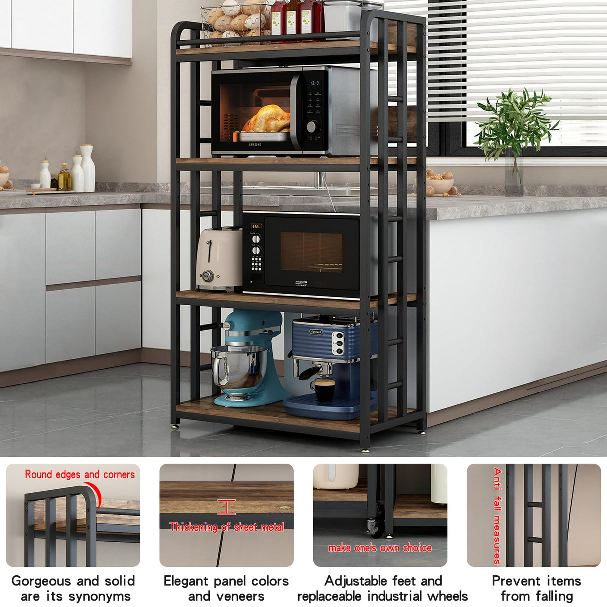 METYERRY Adjustable 4-Tier Heavy Duty Kitchen Baker's Rack with Power Outlet, with Industrial Wheels, Free Standing Microwave Oven Cart Stand for Storage in Living Room, Garage, Rustic Brown METYERRY