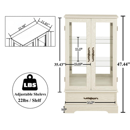 nifoti 47" H Lighted Curio Cabinet Display Case, Glass Cabinet with Adjustable Shelves,Tempered Glass Door and Drawer, Wooden Curio Cabinet with Mirrored Back Pane for Living Room (Antique White)