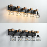 Farmhouse Vanity Light Fixture,5-Light Bathroom Lighting,Black Industrial Wood Wall Light Over Mirror with Metal Shade,LED Bulbs Included vivihobb
