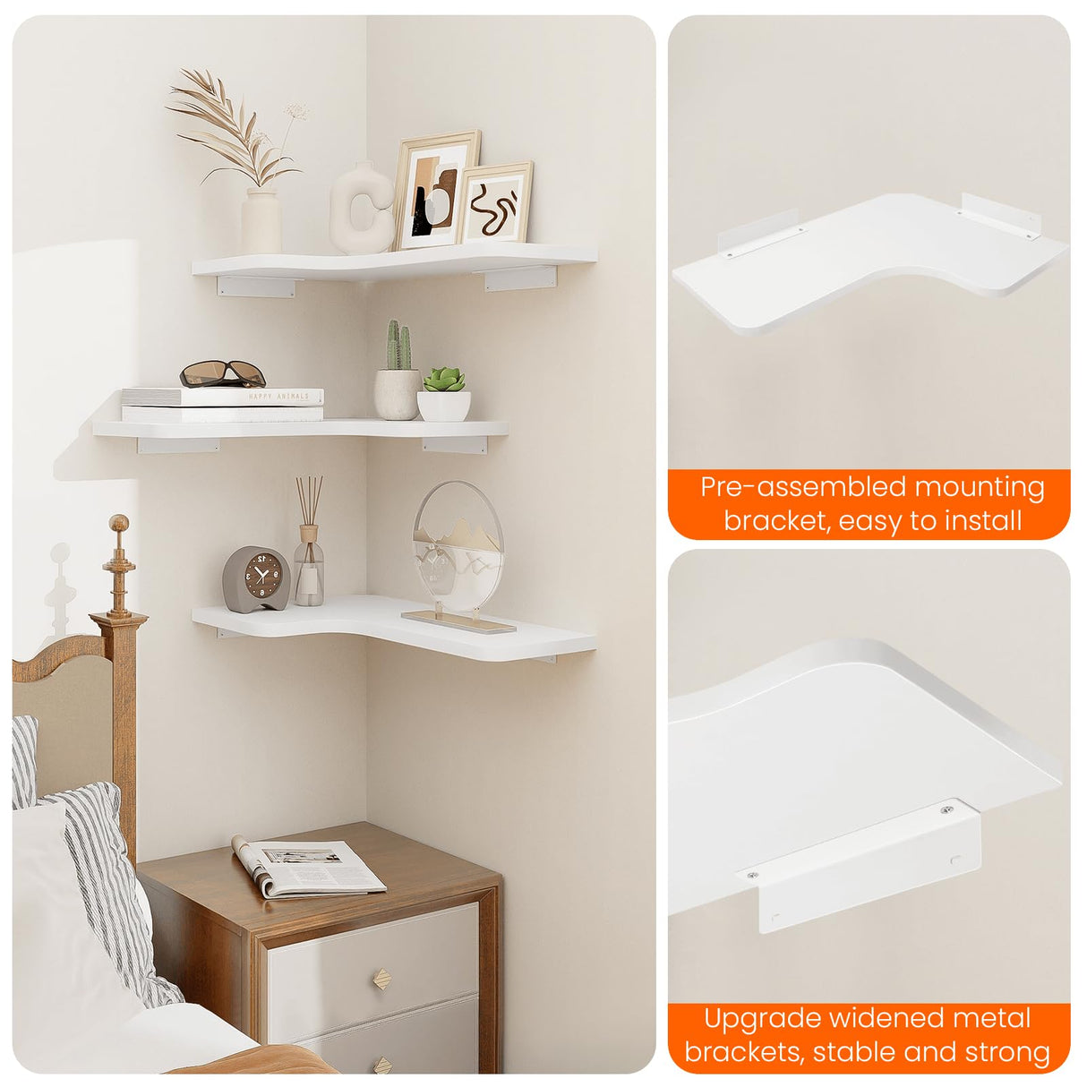 Homode Corner Floating Shelves, Set of 3 Corner Wall Shelves with Wire Hole, L-Shaped Wood Hanging Storage Shelf for Wall Decor, for Bathroom Kitchen Bedroom, White Homode