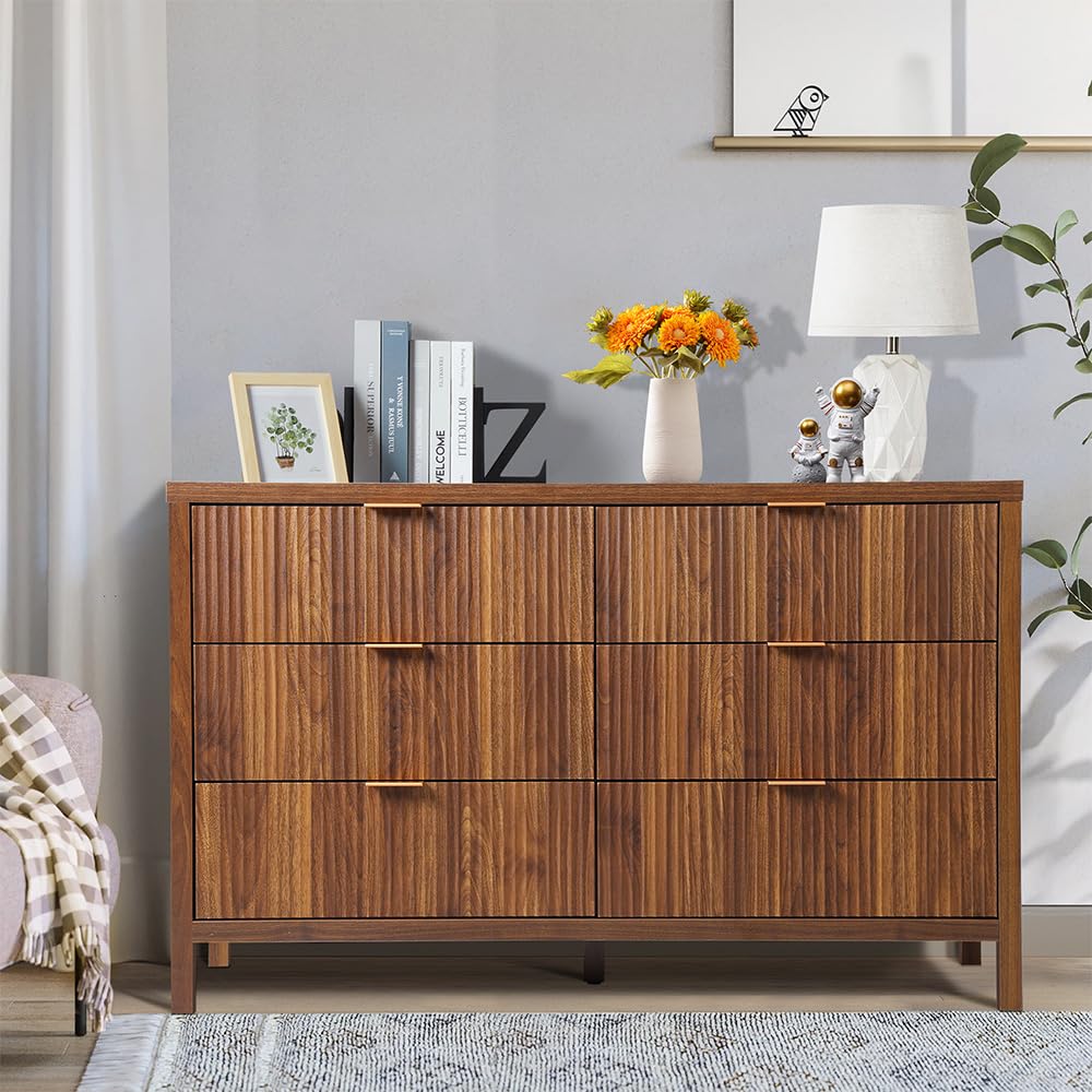 affeivul Mid Century Modern Dresser TV Stand, 6 Drawer Dresser for Bedroom Wood, Farmhouse Boho Storage Cabinet Side Table with Solid Natural Wood Legs, Long Wooden Dresser for Closet (Walnut - WoodArtSupply