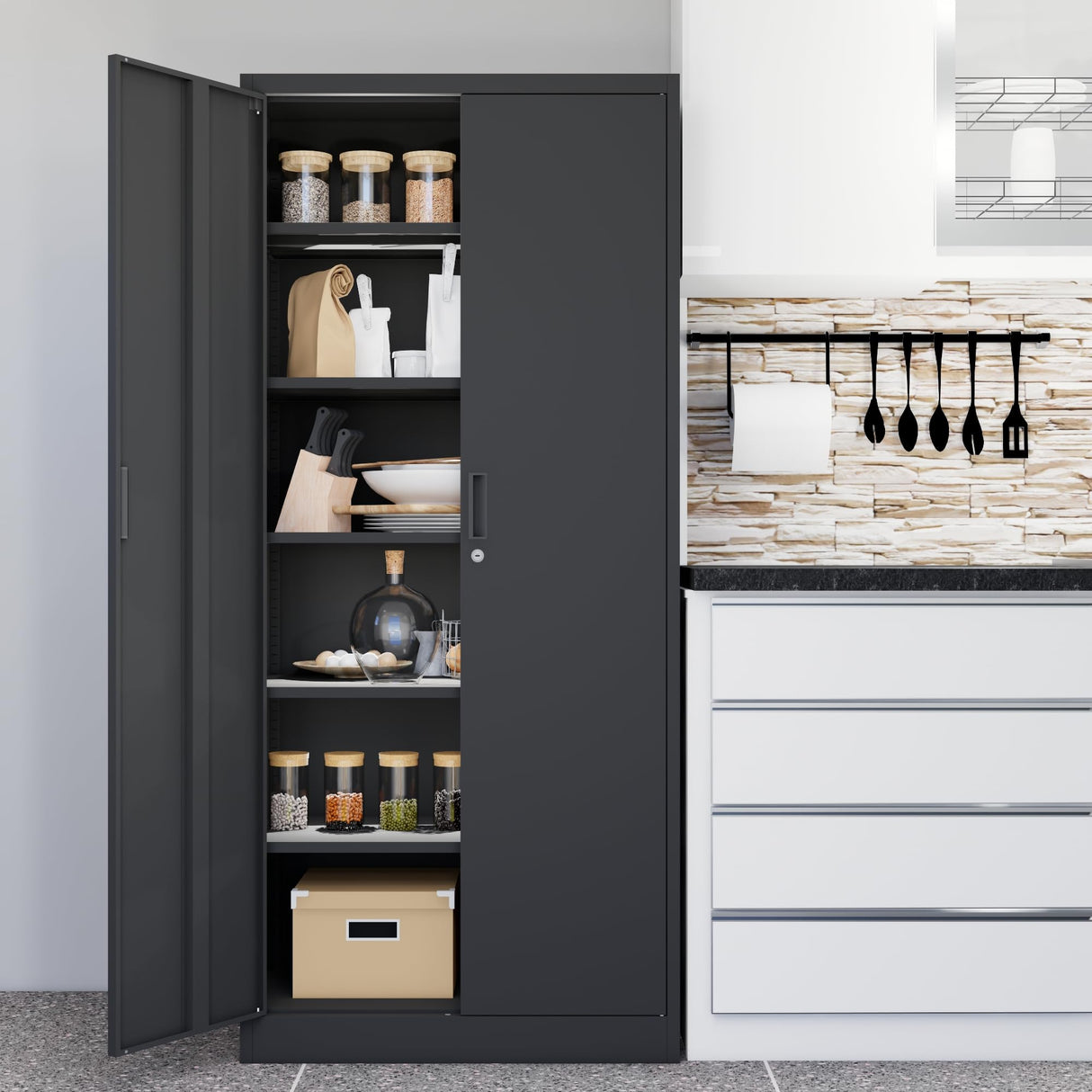 CMY Metal Storage Cabinet, 71" H Locking Cabinet with 5 Adjustable Shelves, Garage Cabinet for Office, Home, Pantry-Black CMY
