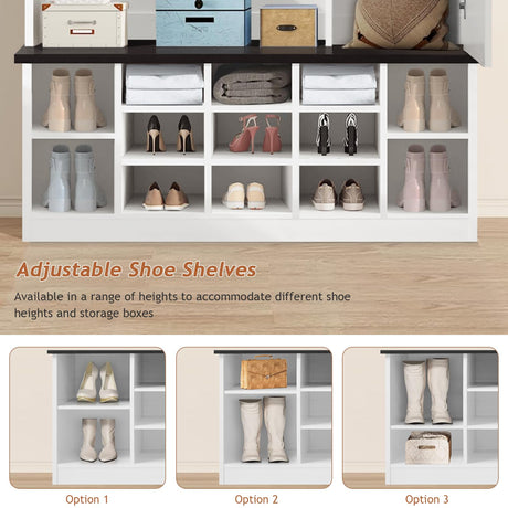 4ever2buy 79 Inch Hall Tree with Bench and Shoe Storage, Farmhouse Hall Tree with Coat Rack, White Entryway Bench with Barn Door and Adjustable Shoe Cubbies, Mudroom Hall Tree with 3-Tier Cabinet 4ever2buy