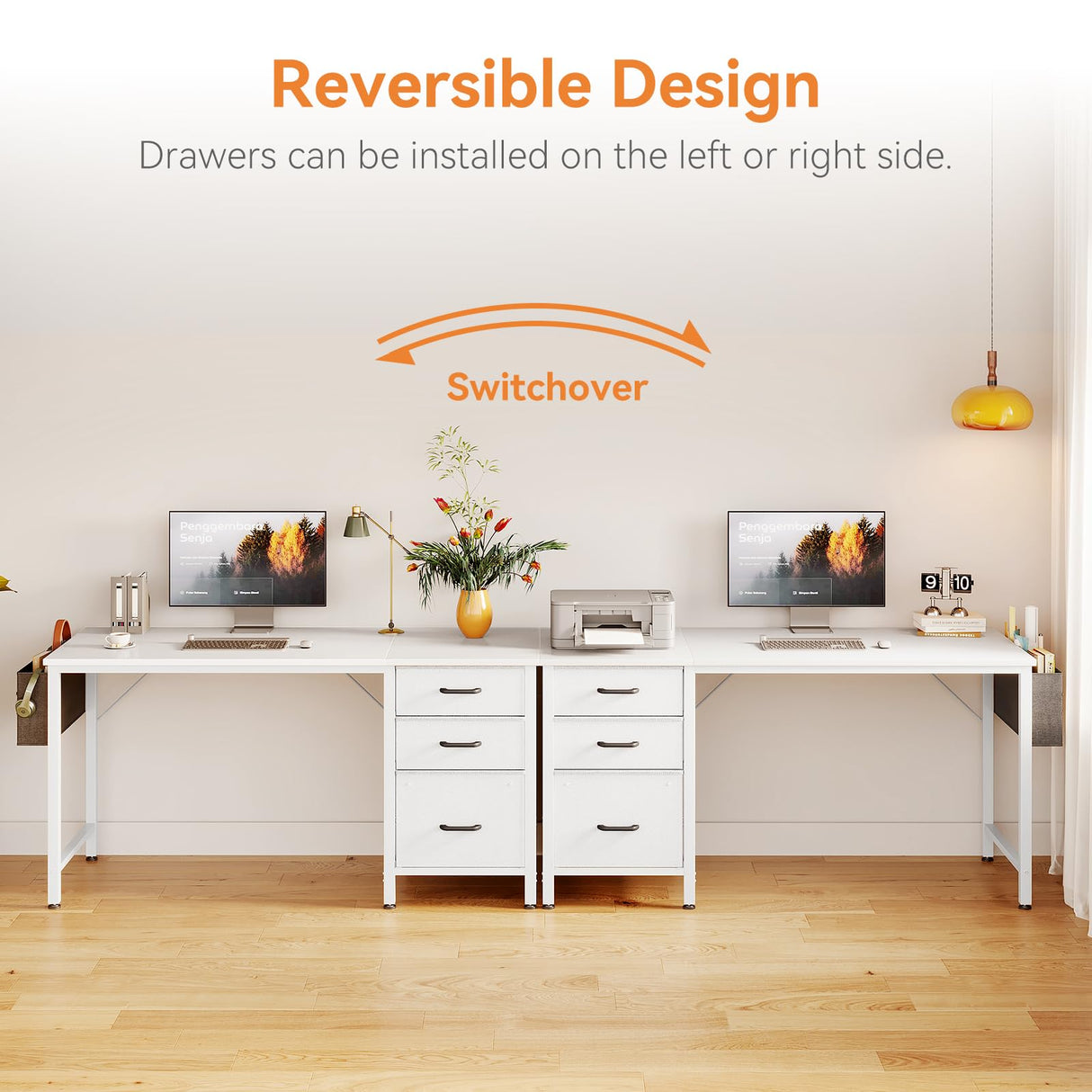 Casaottima 48-Inch Small Computer Desk with Fabric Drawers & File Cabinet, Home Office Desk with Cloth Storage Bag and Hook, Writing Study Work Table for Small Space, Vanity Desk for Bedroom, White Casaottima