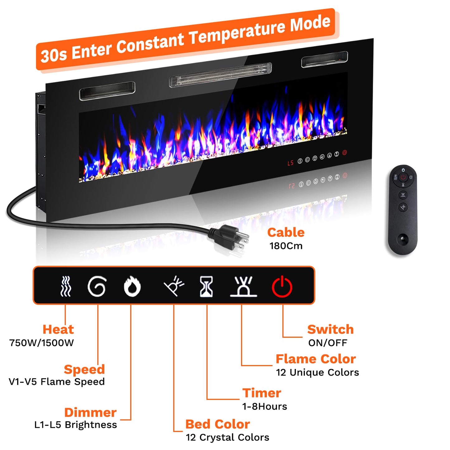 72" Electric Fireplace Recessed Wall Mounted,Muti LED Flames Fireplace Insert, Speed Bright Adjustable,Electric Fire Place Heater,Remote/Touch Screen Control Fireplace,1-8 HTimer / 400 Sq.