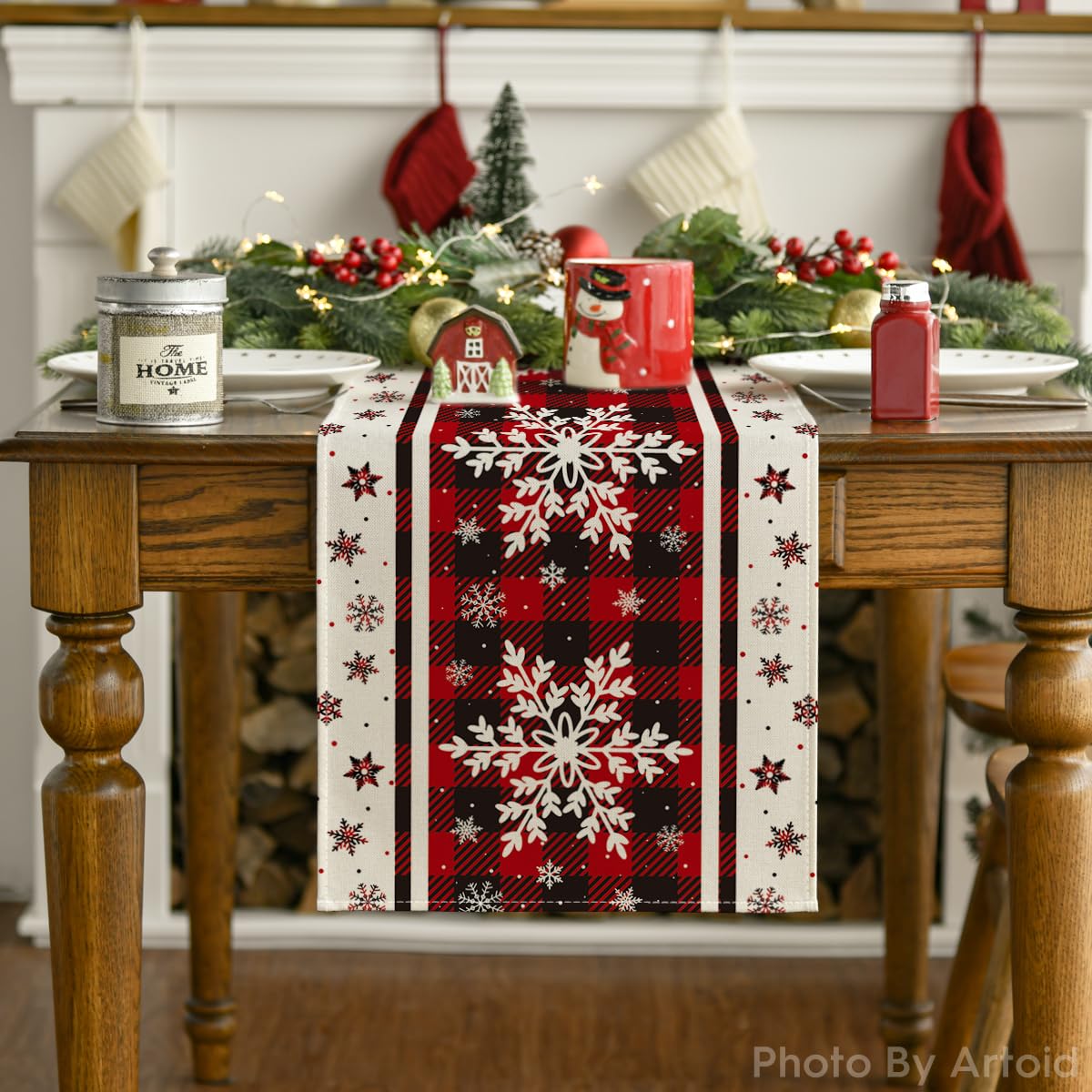 Artoid Mode Buffalo Plaid Snowflakes Christmas Table Runner, Seasonal Winter Kitchen Dining Table Decoration for Home Party Decor 13x72 Inch Artoid Mode