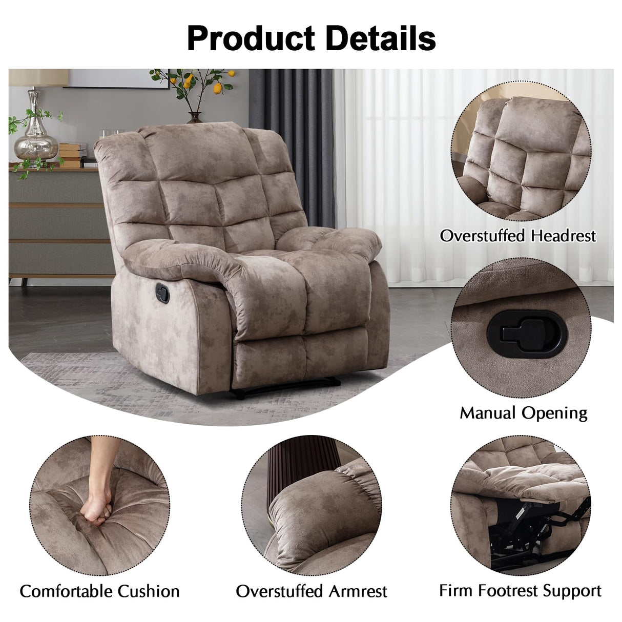 CANMOV Manual Recliner Chair, Single Reclining Sofa with Overstuffed Backrest and Armrest for Living Room, Bedroom Furniture, Light Brown CANMOV