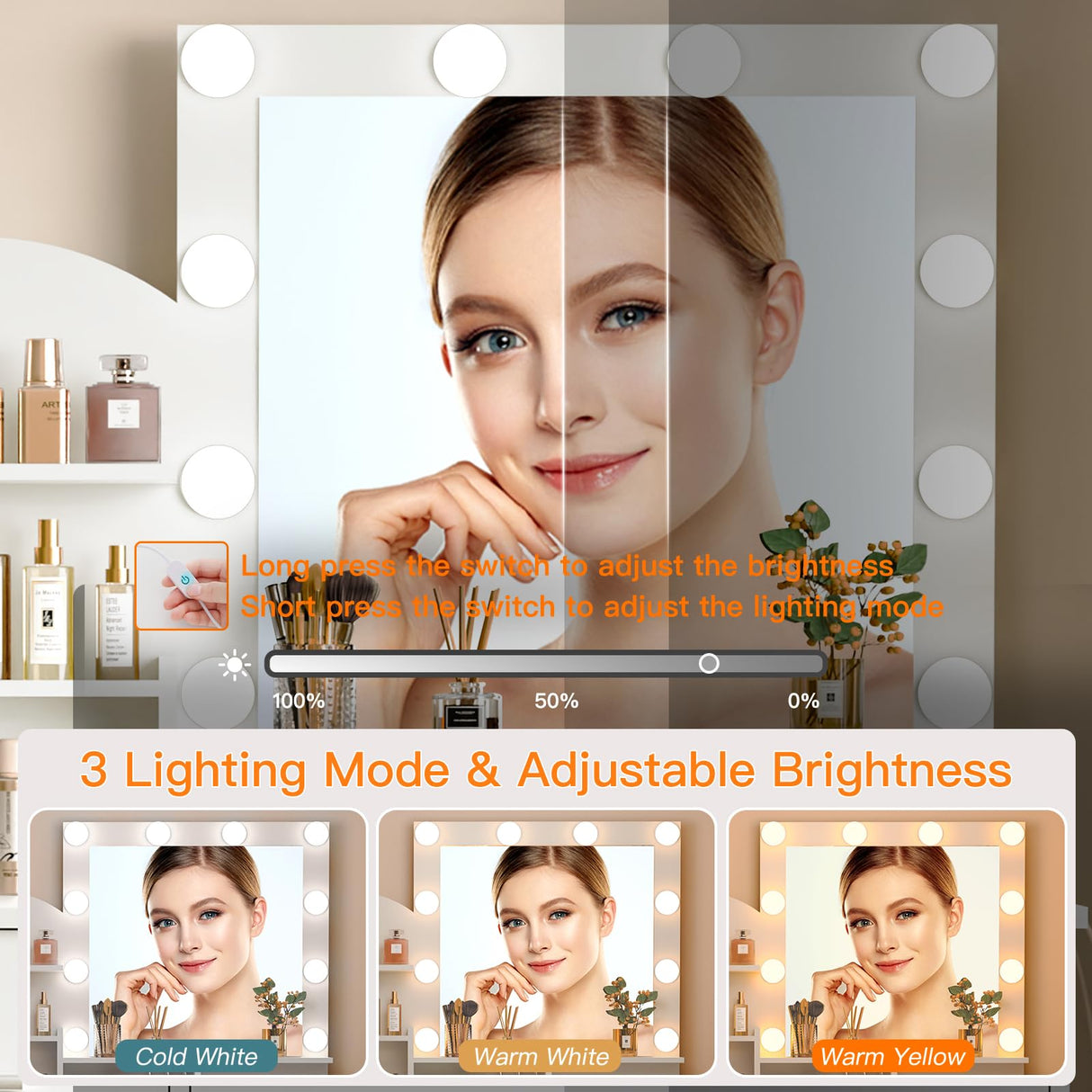 Quimoo Makeup Vanity with 10 Light Bulbs and Charging Station, Vanity Desk with Lighted Mirror & 4 Drawers Chest, Vanity Set, Vanity Table Set with Cushioned Stool, for Bedroom,White Quimoo