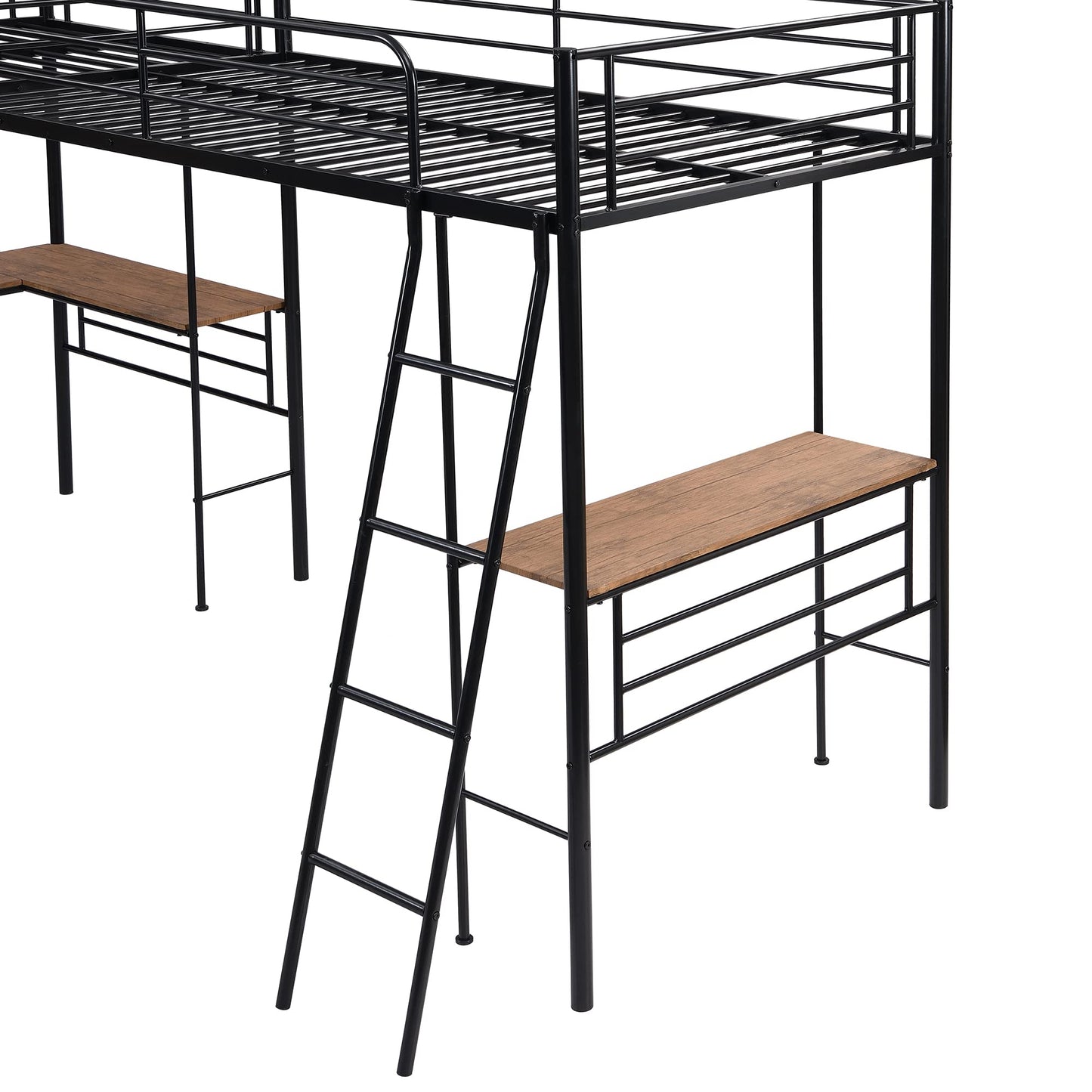 MERITLINE Metal Twin Size L-Shaped Loft Bed, Twin Size Loft Bed Frame with Two Built-in Desks Underneath for Kids Boys Teens, Black