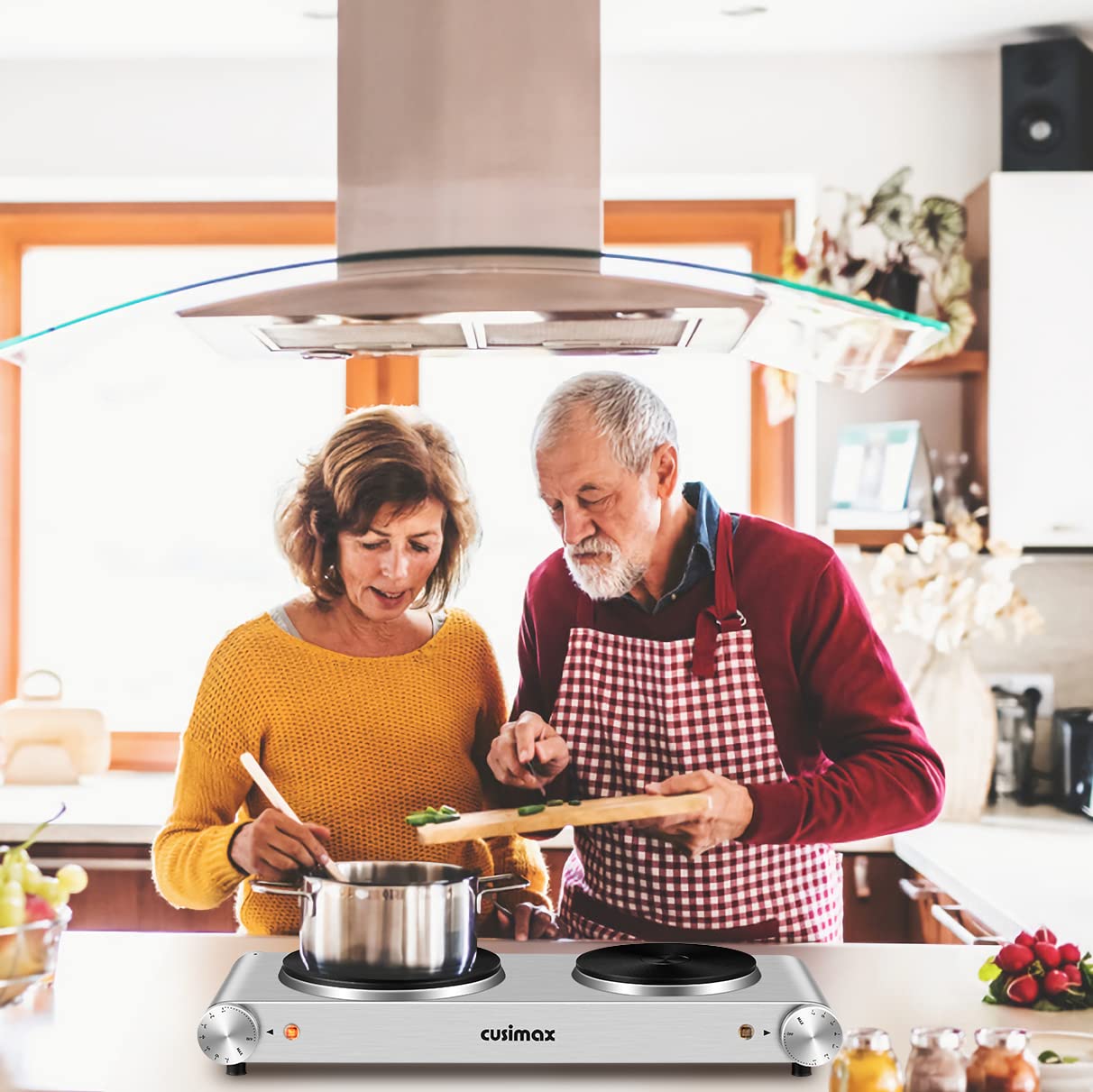 CUSIMAX Hot Plate, Electric Double Burner, 1800W Cast Iron Countertop Cooktop, Portable for Cooking, Compatible for All Cookwares, Easy Clean, Upgraded Version CUSIMAX