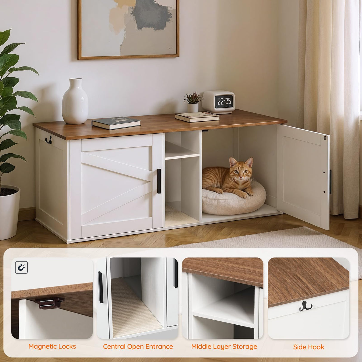 HOOBRO Double Litter Box Enclosure, Modern Cat Litter Box Furniture with Storage and Mat Design, Farmhouse Hidden Litter Box Enclosure with 2 Hooks, White and Walnut WH23MW01 HOOBRO