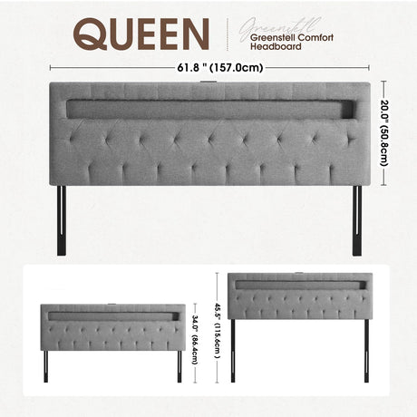 GREENSTELL Queen Size Adjustable LED Headboard with USB & Type C Ports - Gray Wall-Mounted Design GREENSTELL