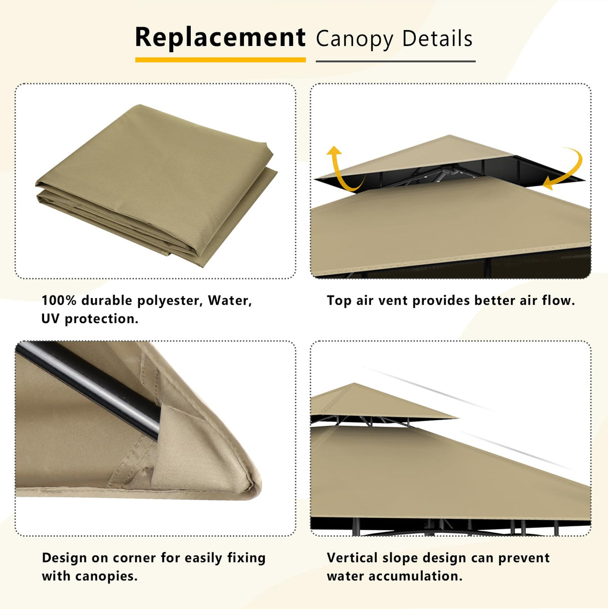 OIPUNSHLE Grill Gazebo Replacement Canopy Top, 5'x8' Gazebo Roof Top Double Tiered Replacement Canopy Roof, Grill Shelter Cover Roof Fit for Gazebo Model L-GG001PST-F (Khaki) OIPUNSHLE