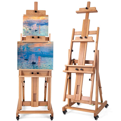 MERRIY Artist Extra- Large Multi-Function Studio Easel, H-Frame Art Easel, Tilts Flat, Solid Beech Wood Painting Easel Stand, Movable Floor Easel with Drawer & Silent Wheels, Holds 2 Canvas Up to 91" MERRIY
