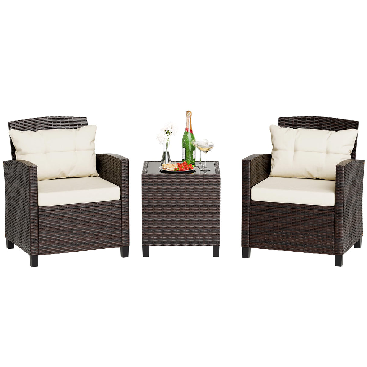 JAMFLY 3 Pieces Wicker Patio Furniture Set Outdoor, Wicker Chairs Conversation Set Small Patio Furniture for Apartment Balcony Bistro, Beige JAMFLY