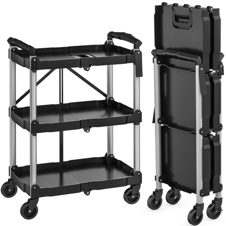 YITAHOME 240LBS Folding Utility Cart with Wheels, Foldable Utility Service Cart 3 Tier Collapsible Rolling Cart with 360°Swivel Wheels (2 with Brakes), Portable Cart for Home Garage Restaurant Office YITAHOME