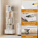 LMSXG-MZ 360° Rotating Bookshelf with Metal Wheels & Drawers for Living Room, Bedroom, Space-Saving Bookcase Organizer & Large Capacity Display Rack (4-Tier) LMSXG-MZ