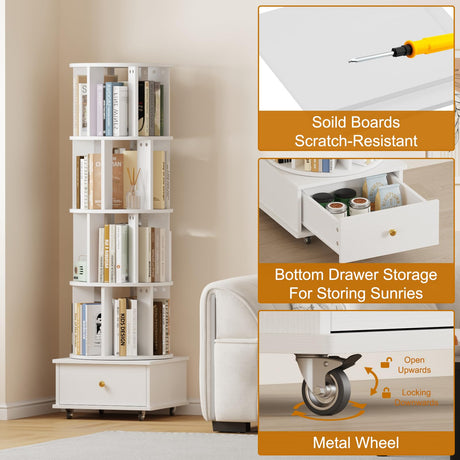 LMSXG-MZ 360° Rotating Bookshelf with Metal Wheels & Drawers for Living Room, Bedroom, Space-Saving Bookcase Organizer & Large Capacity Display Rack (4-Tier) LMSXG-MZ