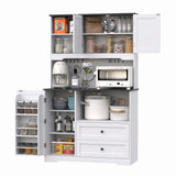 Kitchen Pantry Storage Cabinet,Freestanding Buffet Cabinet with Wine Glass Holder and 2 drawers,Food Pantry with Doors and Shelves,Tall Kitchen Hutch with Microwave Stand for Kitchens(White+Black) Gyfimoie