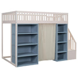 Merax Full Size Loft Bed with 2 Four-Layer Racks and Storage Staircase, Wooden Bed Frame with Curtain and Storage Cabinets, No Box Spring Needed, White+Blue Merax