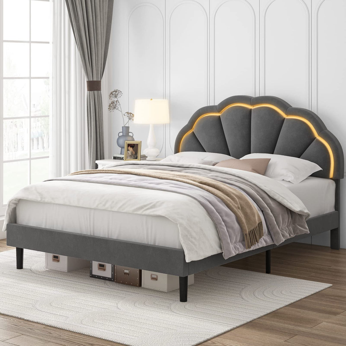 HIFIT Queen Smart LED Upholstered Bed Frame with Adjustable Floral Headboard, Grey HIFIT