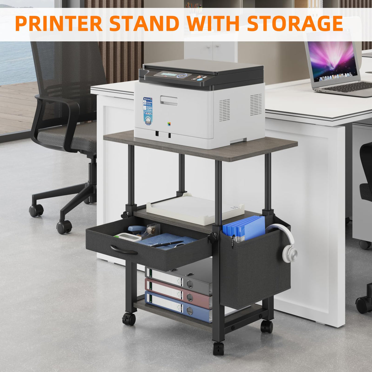 YAOHUOO 22"x15" Large Printer Stand with Storage Drawer and Side Bag, 3-Tier Height Adjustbale Printer Cart for Home Office, Rolling Printer Table fit Heat Press/Laser printer/3D Printer(Grey) YAOHUOO