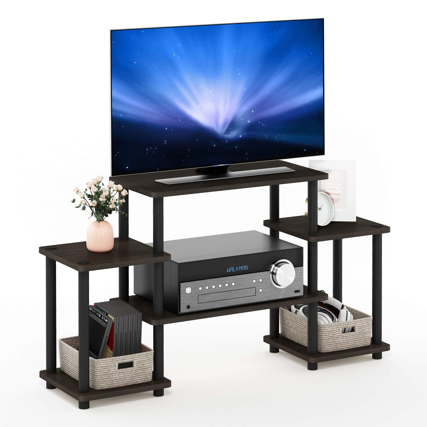 Furinno Turn-N-Tube No Tools Entertainment TV Stands, Dark Brown/Black