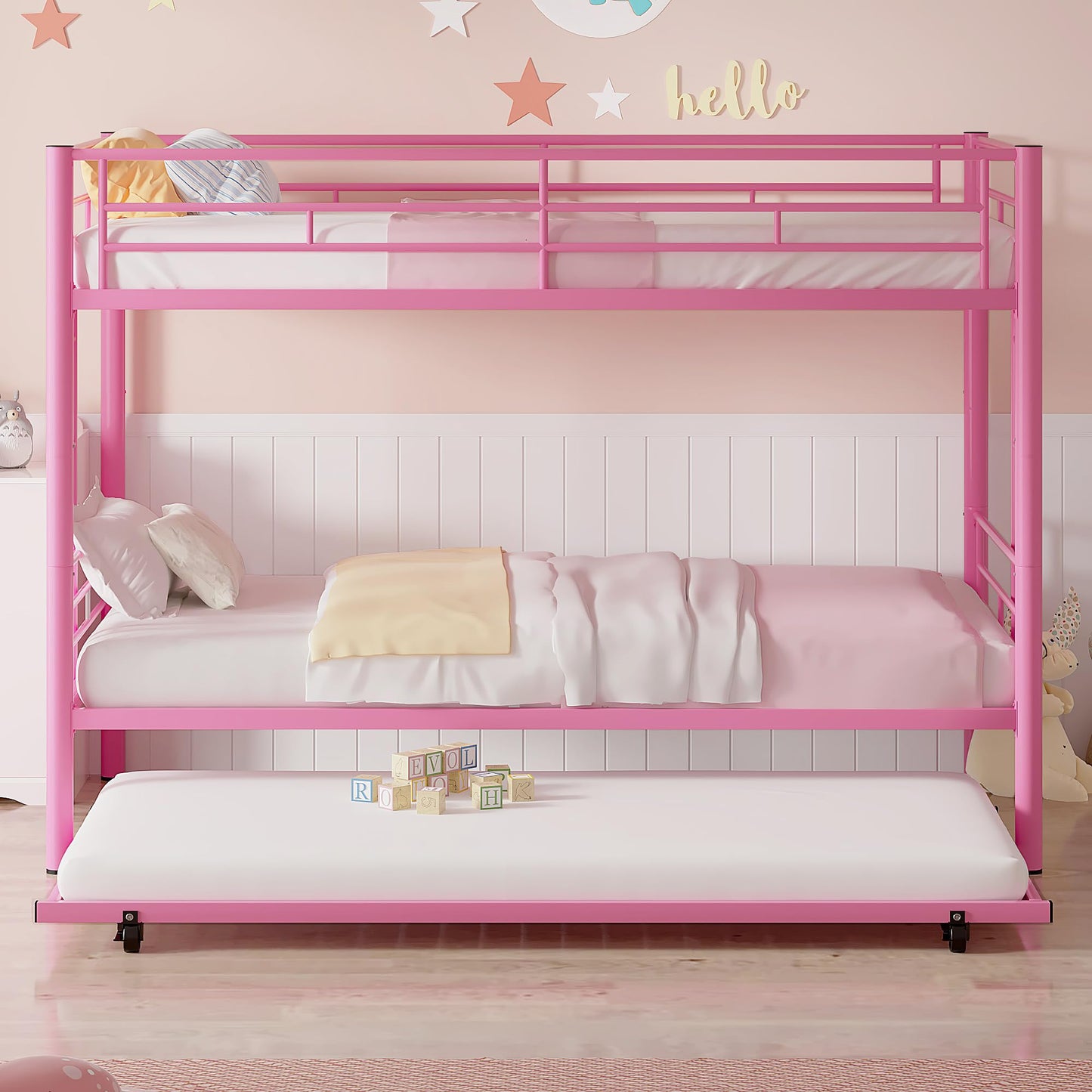 VECELO Bunk Bed Twin Over Twin with Trundle, Metal Bunkbeds with Ladder and Full-Length Guardrail, No Box Spring Needed, Space Saving, Noise Free, Pink