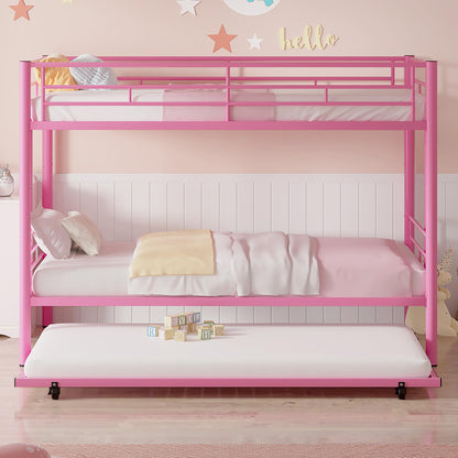 VECELO Bunk Bed Twin Over Twin with Trundle, Metal Bunkbeds with Ladder and Full-Length Guardrail, No Box Spring Needed, Space Saving, Noise Free, Pink