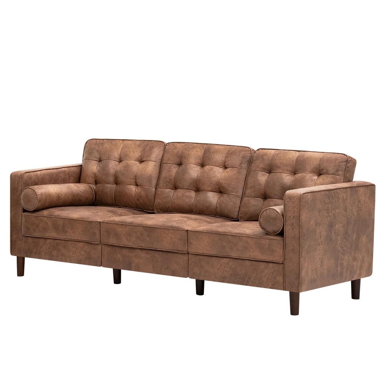 Lesofair 84" Suede Leather Sofa with 2 Soft Pillows, Tufted Modern Sofa with Sturdy Wooden Legs, 3 Seats Couch for Living Room, Office, Bedroom, Brown Lesofair