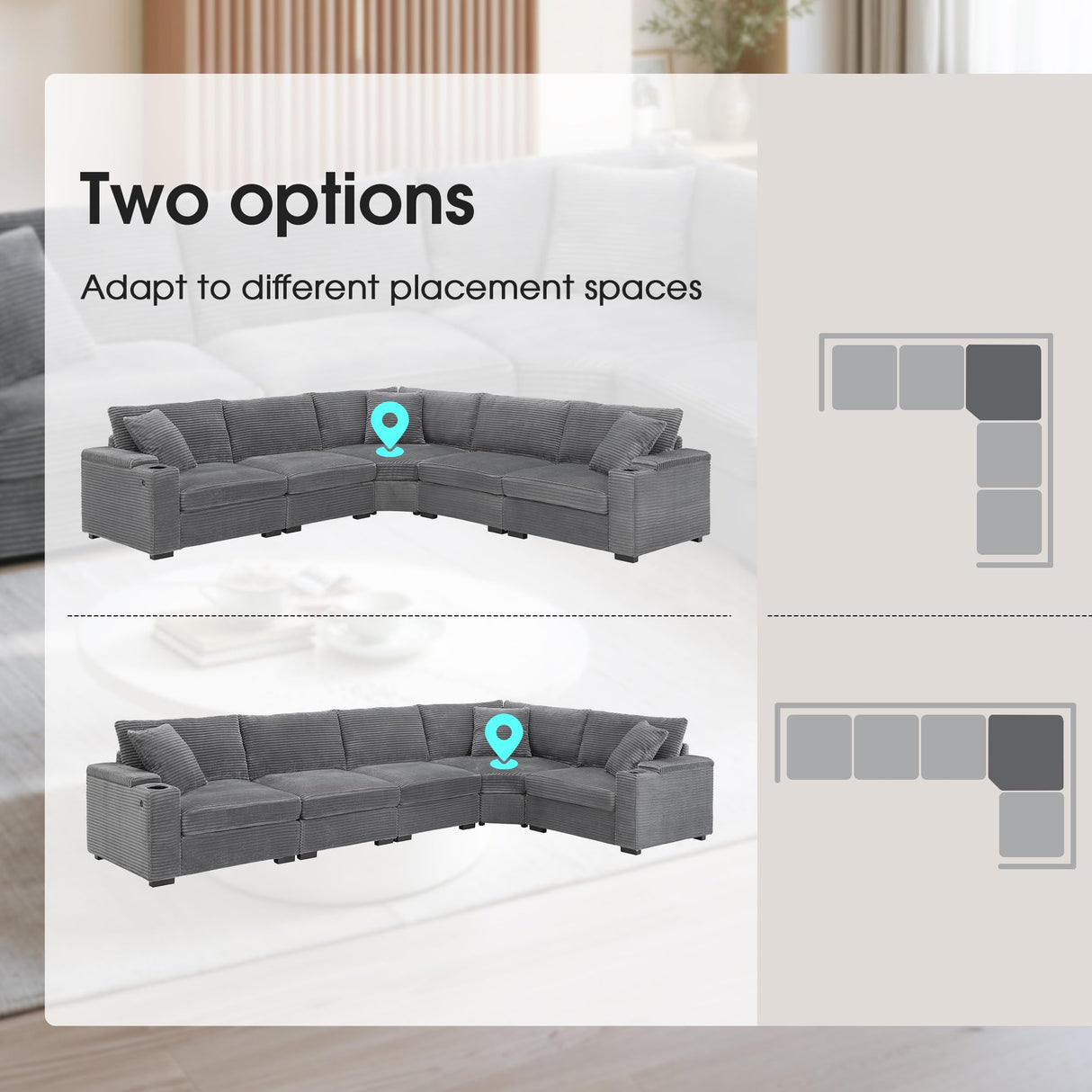 Merax 106" Corduroy Sectional Corner Sofa with Cup Holders & USB Charger, 5 Seat Convertible L Shaped Couch Set with Armrest Storage, Oversized Comfy Modular Sofabed for Living Room & Apartment, Gray Merax