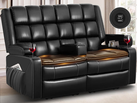 Loveseat Recliner Sofa Home Theater Seating, Reclining Loveseat with Removable Console, USB & Cup Holders, RV Wall Hugger Double Recliner Couch, 2 Layer Cushion Manual Love Seat Chair for Living Room Furgatti
