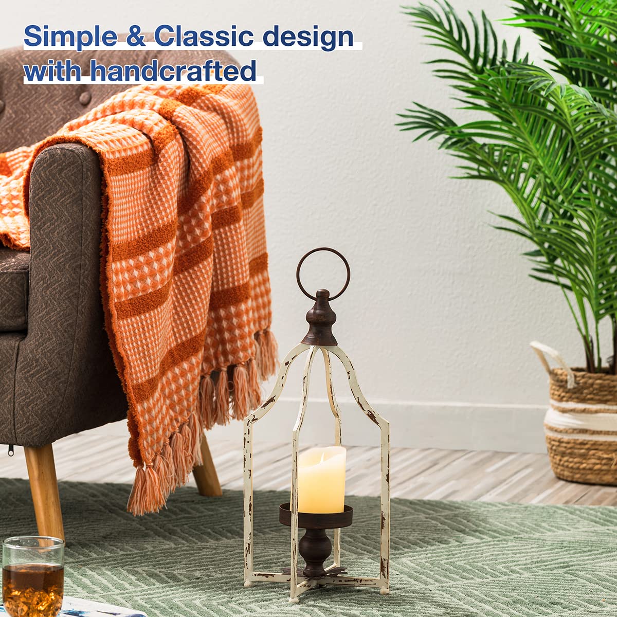 Glitzhome Farmhouse White Metal Lanterns Decorative Hanging Candle Lanterns (White Small) Glitzhome