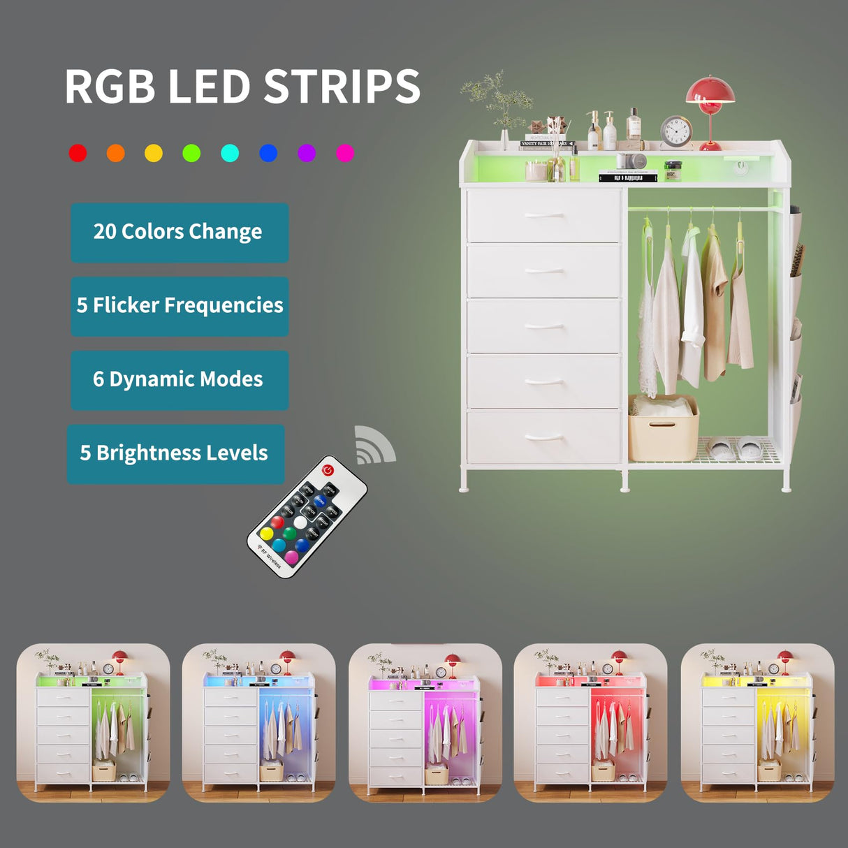 LUMTOK Modern 5 Dresser with LED Hanging Rack, Dresser with Clothes Rack, Hanger Rack, and Storage Drawers, Drawer Dressers with Coat Racks for Bedroom Living Room, Entryway, Closets (White) LUMTOK