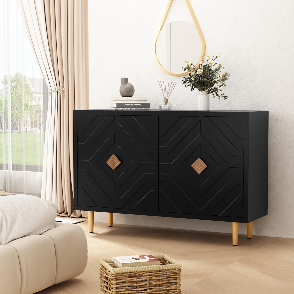HLR 48" Accent Cabinet with 4 Doors and Shelves, Modern Sideboard Buffet Cabinet with Decorative Embossed Pattern Doors, Credenza Storage Cabinet for Living Room, Kitchen, Dining Room, Hallway HLR