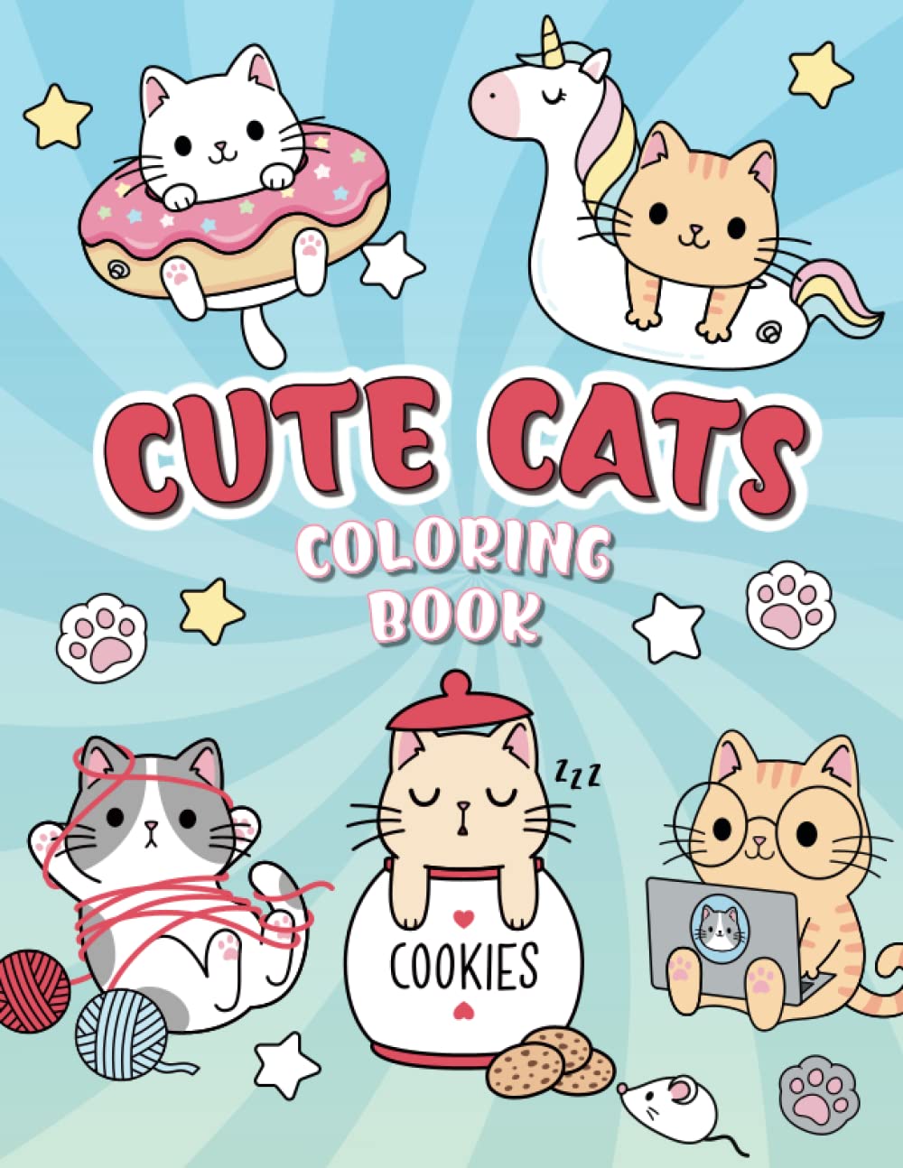 Cats Coloring Book: Fun and easy coloring pages with cute kawaii cats for kids and busy adults