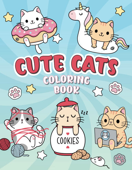 Cats Coloring Book: Fun and easy coloring pages with cute kawaii cats for kids and busy adults WoodArtSupply