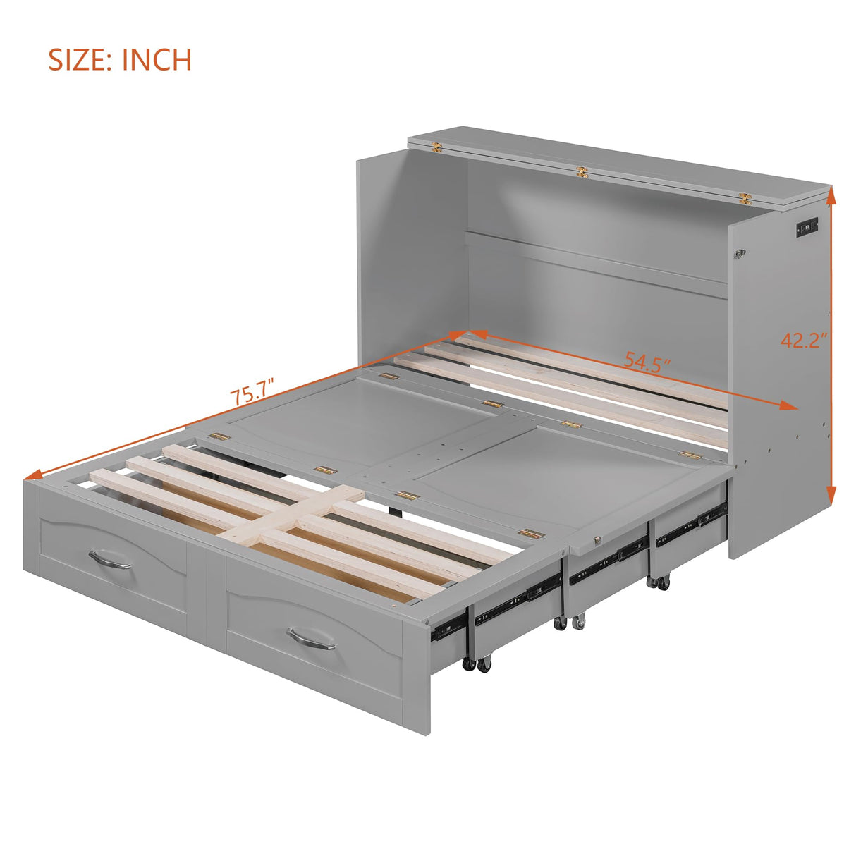 Ball & Cast Murphy Bed Full Size,Cabinet Bed with Drawer and a Set of Sockets,Space Saving Hideaway Wall Bedframe w/USB Ports & Pulley Structure Design,Slat Support,Furniture for Small Space,Gray Ball & Cast