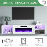 AMERLIFE High Gloss Living Room Entertainment Center with LED Lights, Including Floating Fireplace TV Stand with 40" Electric Fireplace & 2 Bookcases with Glass Doors, All White AMERLIFE