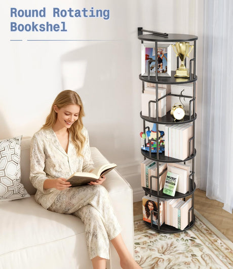 5 Tier Rotating Bookshelf Tower Round Black,62”Tall Standing Spinning Bookshelf Tower Anti-Tipping Design,Metal & Wood Revolving Bookcase Stackable Space Saving for Small Spaces,Study,Living Room Amzeth