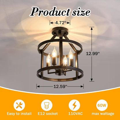 UOFUS Metal Semi Flush Mount Ceiling Light Fixture 4 Candle Holder Matte Chandelier Farmhouse Ceiling Lamp for Dining Room Bedroom Kitchen Hallway Entryway（Black）